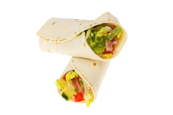 两个熏肉 生菜和番茄三明治包装隔离对白色 — 图库照片