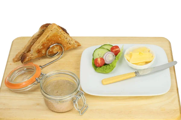 Pate Jar Toast Rack Salad Plate Knife Wooden Board White — Stock Photo, Image