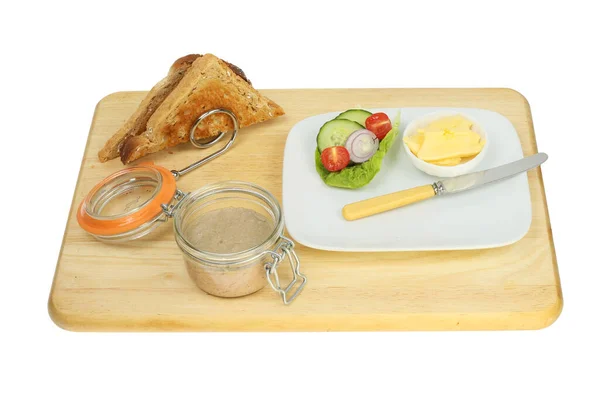 Pate Jar Toast Rack Salad Plate Knife Wooden Board Isolated — Stock Photo, Image