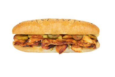 Geleneksel Türk Doner Kebap sandviç eti. Shawarma veya jiroskoplar. Beyaz üzerine izole edilmiş restoranda Türk, Yunan veya Ortadoğu usulü tavuk kebabı