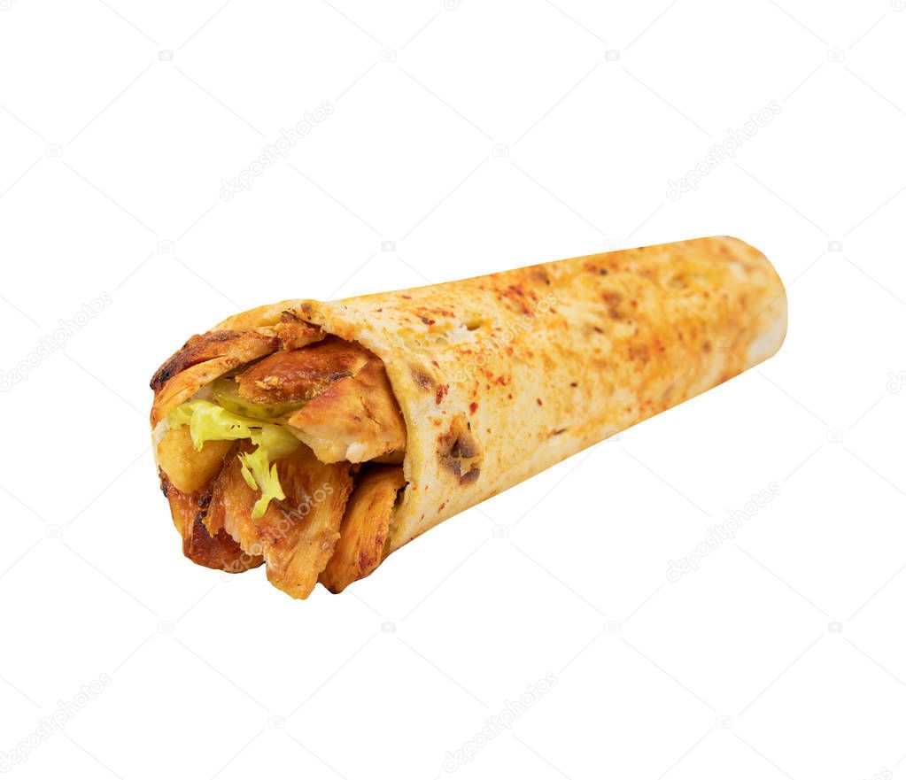 Traditional Turkish Doner Kebab sandwich meat. Shawarma or gyros. Turkish, greek or middle eastern arab style chicken doner kebab food in restaurant isolated on white