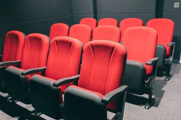 Red cineme chairs or armchairs in theater. Red chairs in conference or seminar room. Empty small movie or cinema theater auditorium with red cinema or movie seats or chairs. Interior of a small cinema or movie theater seats or chairs.