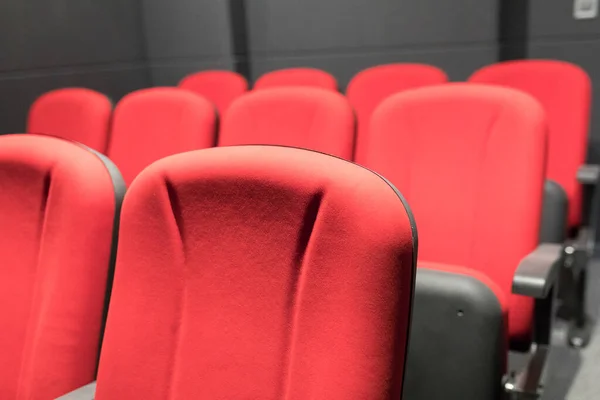 Red cineme chairs or armchairs in theater. Red chairs in conference or seminar room. Empty small movie or cinema theater auditorium with red cinema or movie seats or chairs. Interior of a small cinema or movie theater seats or chairs.