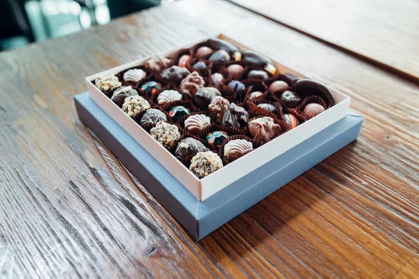 Handmade chocolates or candies in the box. This chocolate gift are delicious, natural, organic luxury and healthy