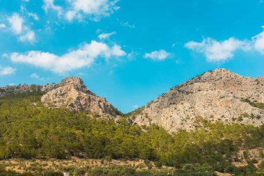 Dağlar ve ağaçlar mavi bulutlu gökyüzünün altında. Bu Güney Akdeniz hindisinden.
