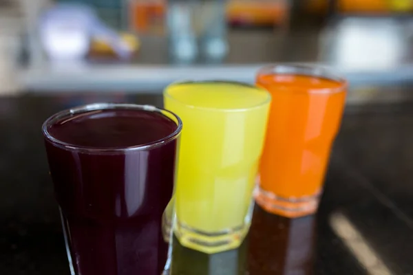 Various Fruit Juices Glasses Cherry Lemon Apricot Juices — ストック写真