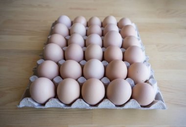 Doğal köy tarım arazisindeki yeşil çimenli sepette bir grup organik tavuk yumurtası.