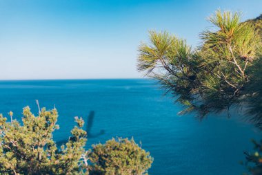 Türkiye 'de güneşli bir günde Akdeniz manzarası. Deniz ve ağaçlarla dolu yaz günü manzarası. Mavi deniz ve dağların gökyüzü manzarası, Akdeniz ya da Ege Denizi. Türkiye 'de tatil ve tatil.