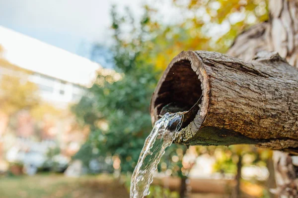 Fuente Natural Madera Agua Manantial Montaña Que Fluye Cuneta Madera —  Fotos de Stock