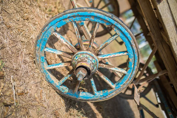Old Blue Wooden Horse Cart Wagon Wheel Tire Farm — Stock Photo, Image