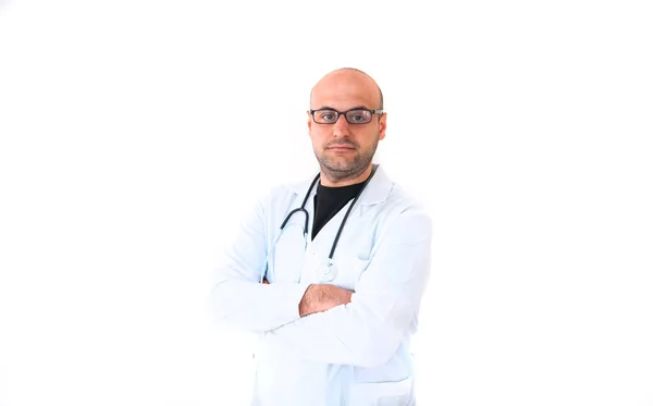 Egy Fiatal Férfi Orvos Portréja Orvosi Maszkban Steril Kesztyűben Sztetoszkóppal — Stock Fotó