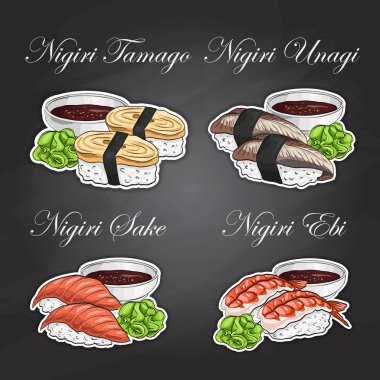Nigiri suşi renk etiket vektör, ayarla