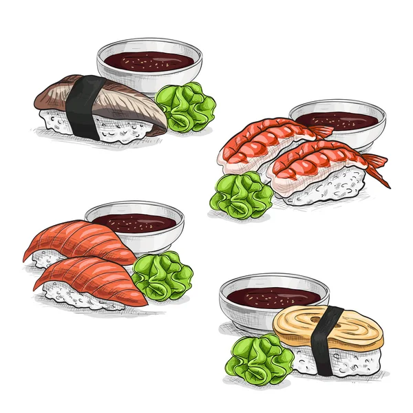 Vector set, color sketch, Nigiri Sushi — Stock Vector