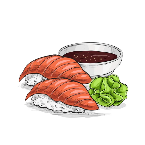 Boceto de color de sushi vectorial, sake de Nigiri — Archivo Imágenes Vectoriales