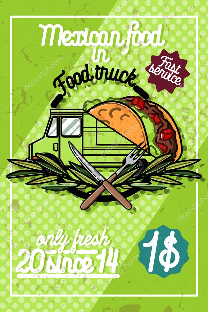 Color vintage Food truck poster. Vector illustration, EPS 10