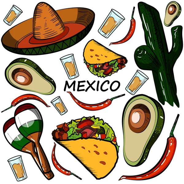 Conjunto de doodle México desenhado à mão — Vetor de Stock