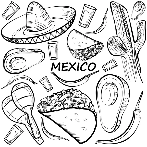 Hecho a mano garabato México conjunto — Vector de stock