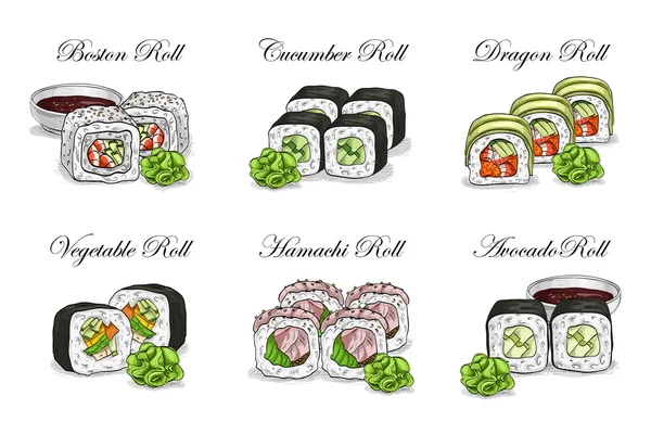 Vector sushi kleur schets, set — Stockvector