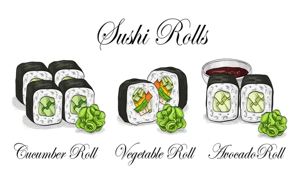Vektor sushi warna sketsa, ditata - Stok Vektor