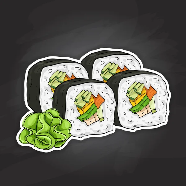 Boceto de color de sushi vectorial, Rollo vegetal — Vector de stock