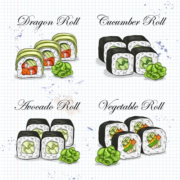 Vector sushi färg skiss, set — Stock vektor