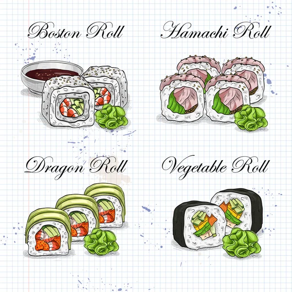 Croquis vectoriel couleur sushi, set — Image vectorielle