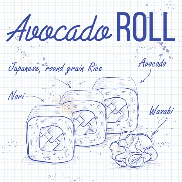 Vector sushi sketch, Avocado roll — Stockový vektor