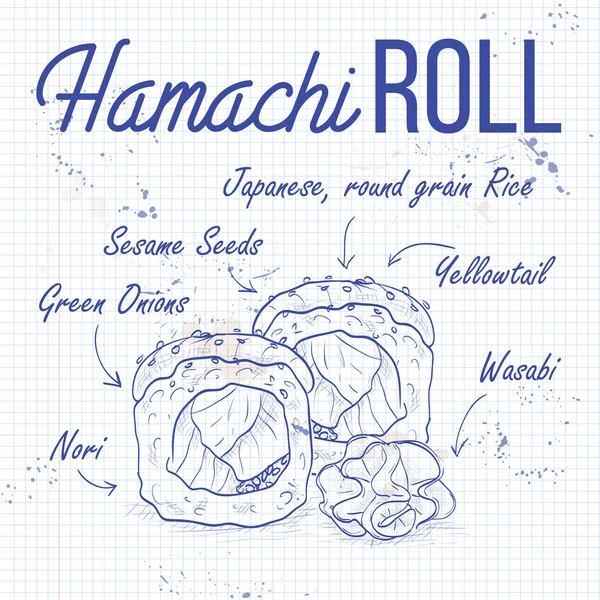 Vektor sushi sketsa, Hamachi roll - Stok Vektor