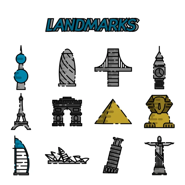 World landmarks flat icons set — ストックベクタ