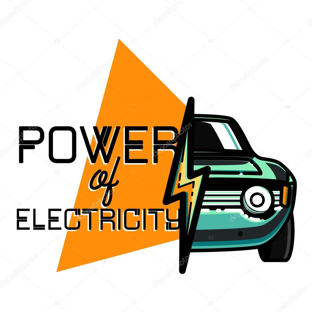 Color vintage electric car emblem. Color print on white background. Vector illustration, EPS 10
