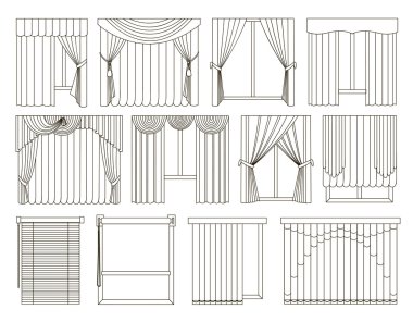 Different curtains and blinds for interior design clipart