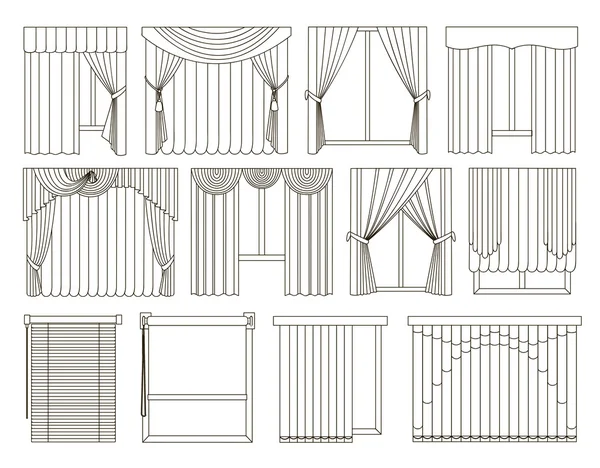 Diferentes cortinas e persianas para design de interiores — Vetor de Stock