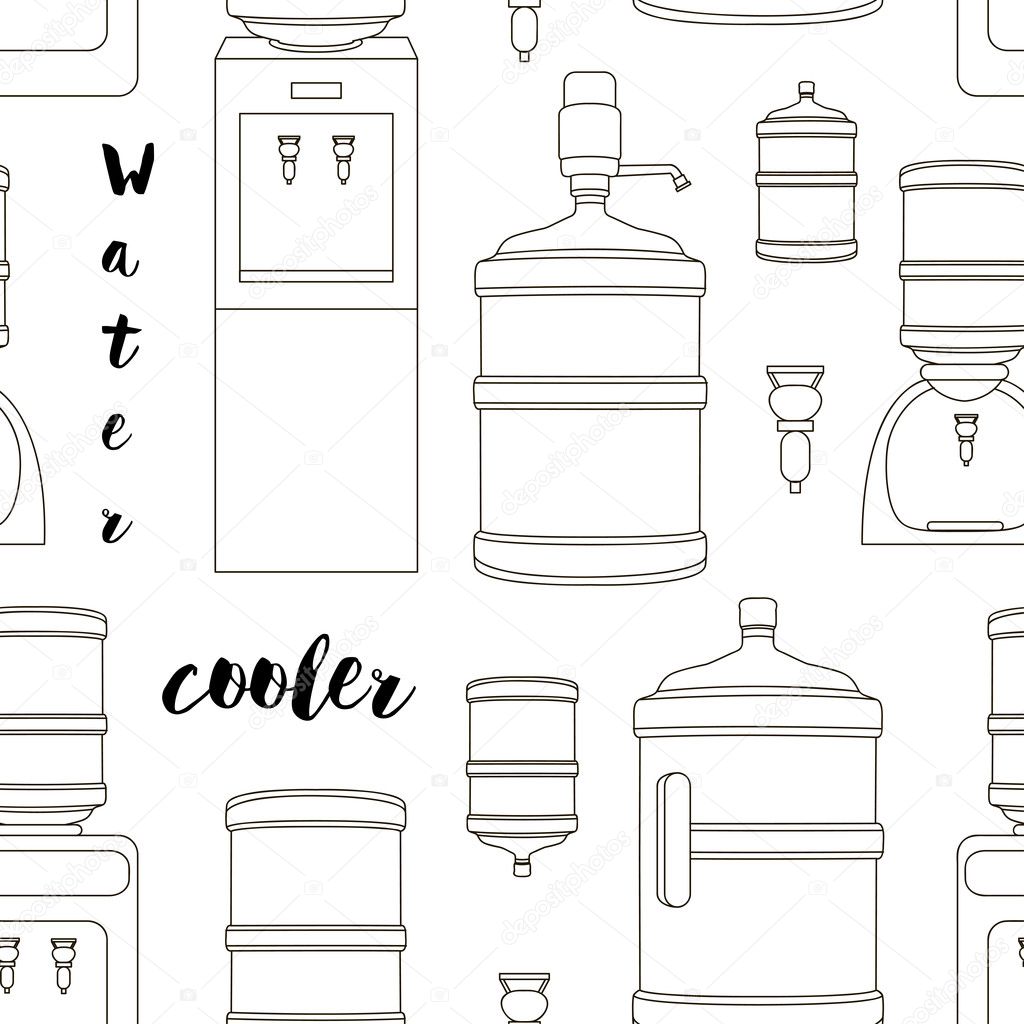 Icons for water cooler appliance pattern. Water jug with faucet, portable water cooler, full bottles and other elements for business and web design.
