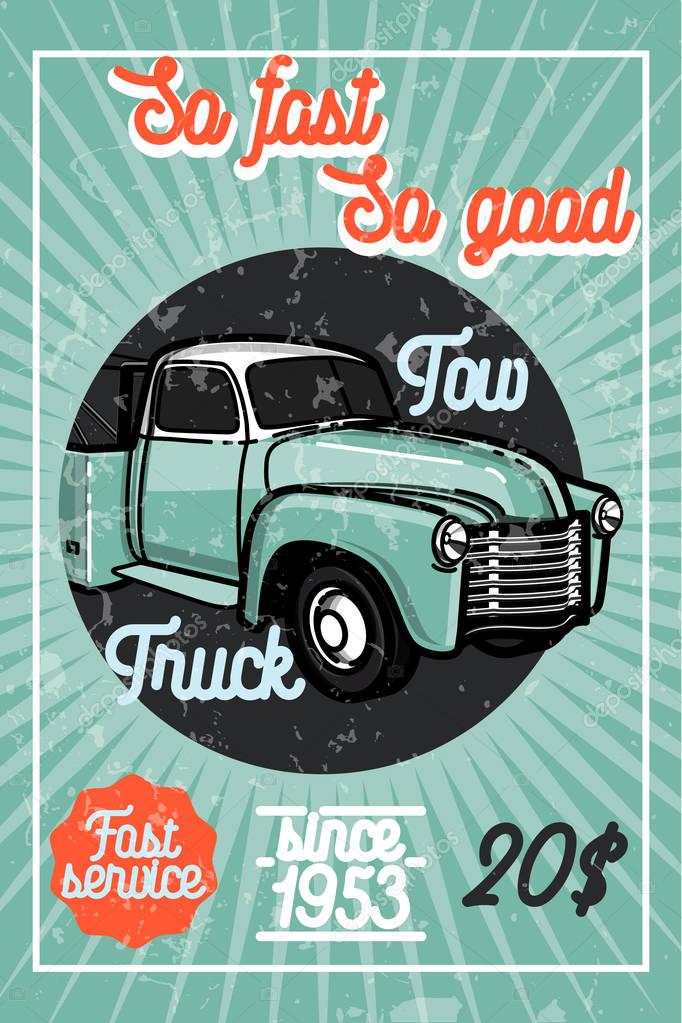 Color vintage car tow truck poster and design elements