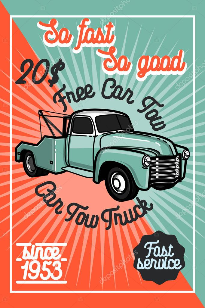 Color vintage car tow truck poster and design elements