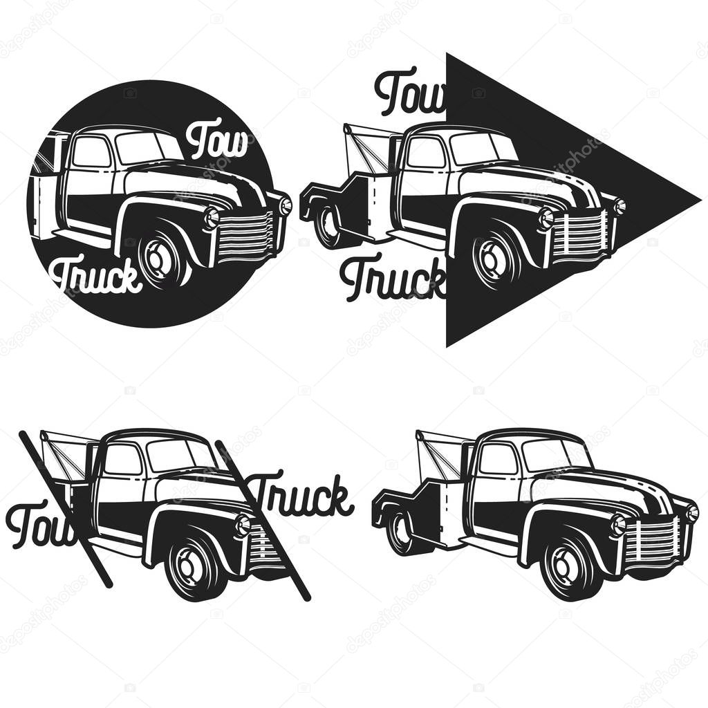 Vintage car tow truck emblems, labels and design elements