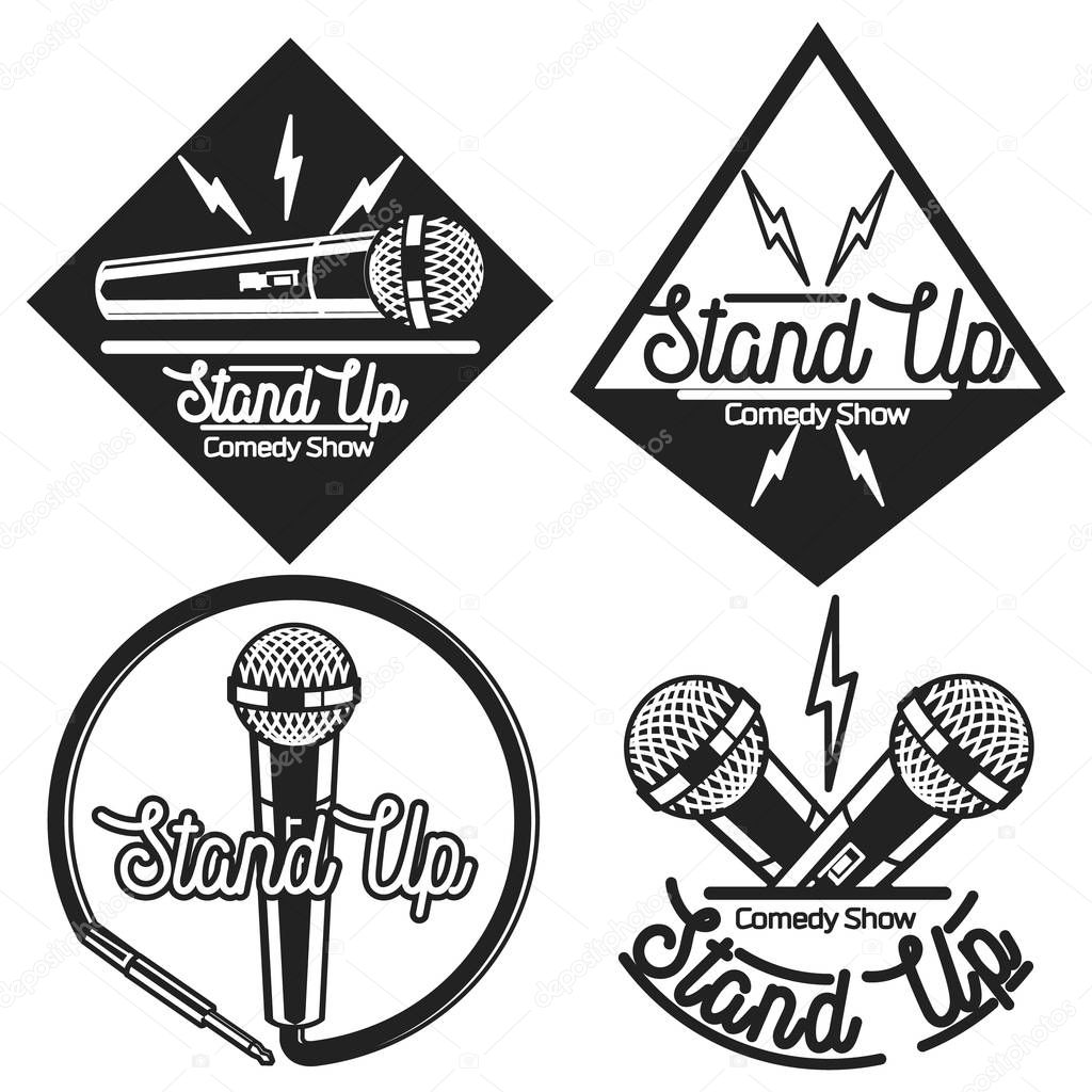 Set of vector stand up comedy logos and badges at white brick background. Modern and retro microphones. Hipster style labels and banners for print and web design.