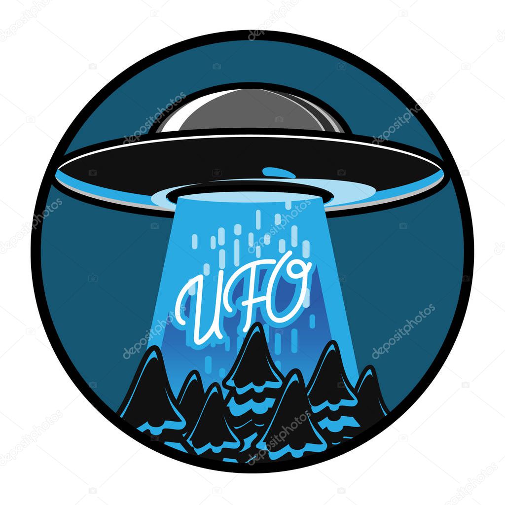 Color vintage ufo emblem. UFO cocept. Vintage style. Vector illustration