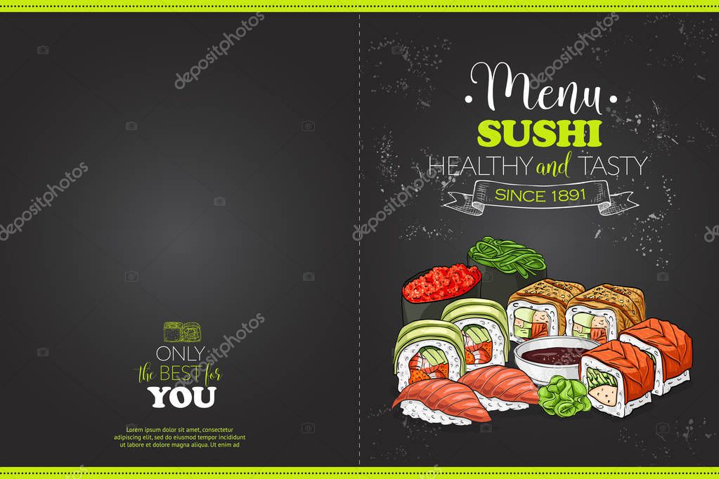 Cover Color Horisontal Sushi Menu Design On A A Blackboard Premium Vector In Adobe Illustrator Ai Ai Format Encapsulated Postscript Eps Eps Format