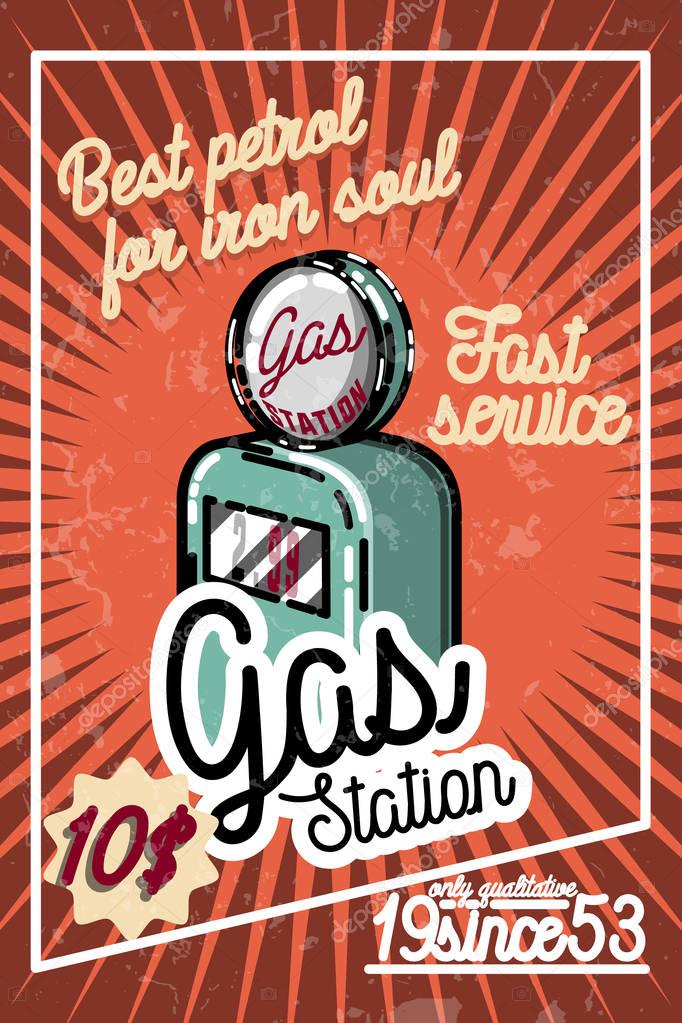 Color vintage gas station poster and design elements. Vector illustration, EPS 10