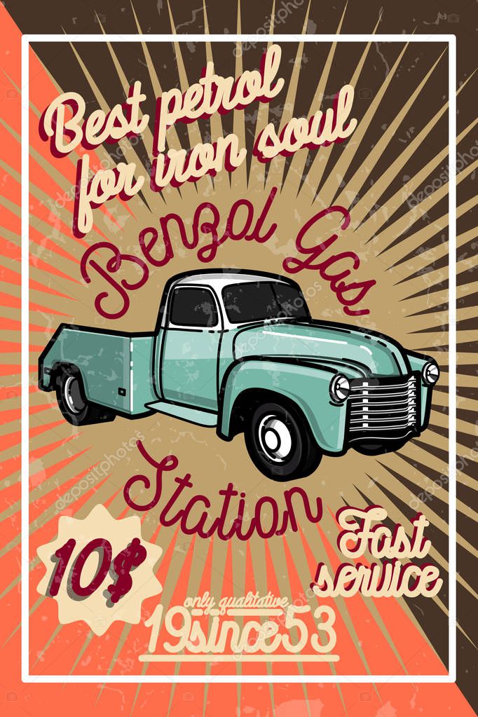Color vintage gas station poster and design elements. Vector illustration, EPS 10