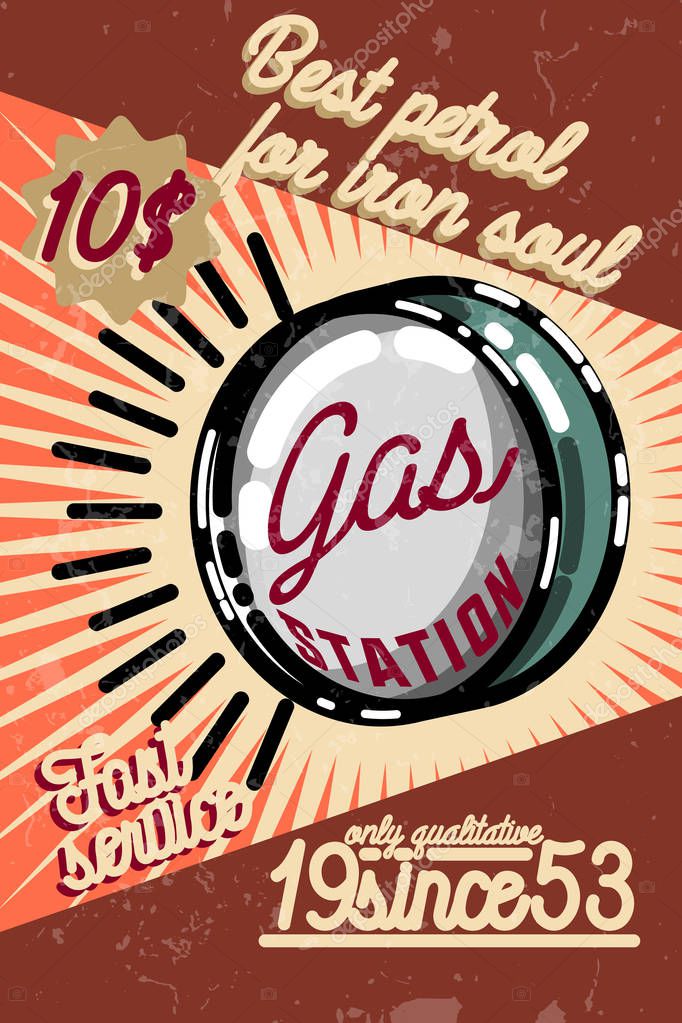 Color vintage gas station poster and design elements. Vector illustration, EPS 10