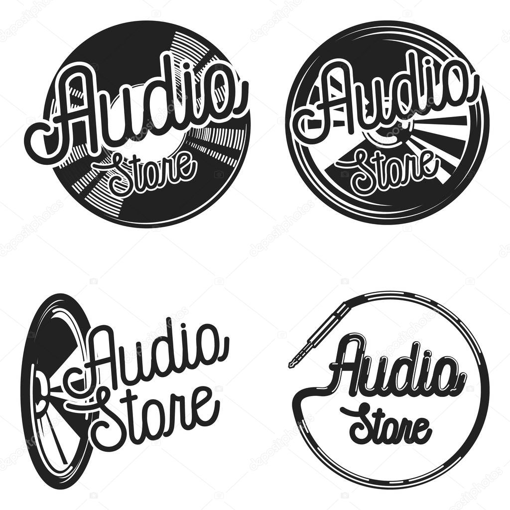 Vintage audio store emplems. Music shop, recording studio, karaoke club set of four vector monochrome labels, badges, emblems and logos in vintage style