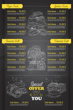 Restoran dikey renk sushi menüsü