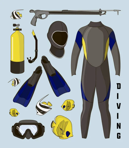 Vector icons set of diving equipment — Stock Vector