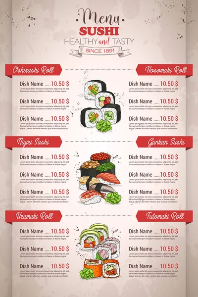 Ristorante menu di sushi colore verticale — Vettoriale Stock