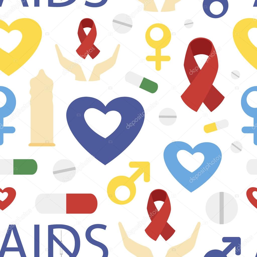 Aids day set pattern. Protect yourself from AIDS. Use a condom. The HIV virus. The test for HIV. Infographics. Red ribbon. Vector illustration.