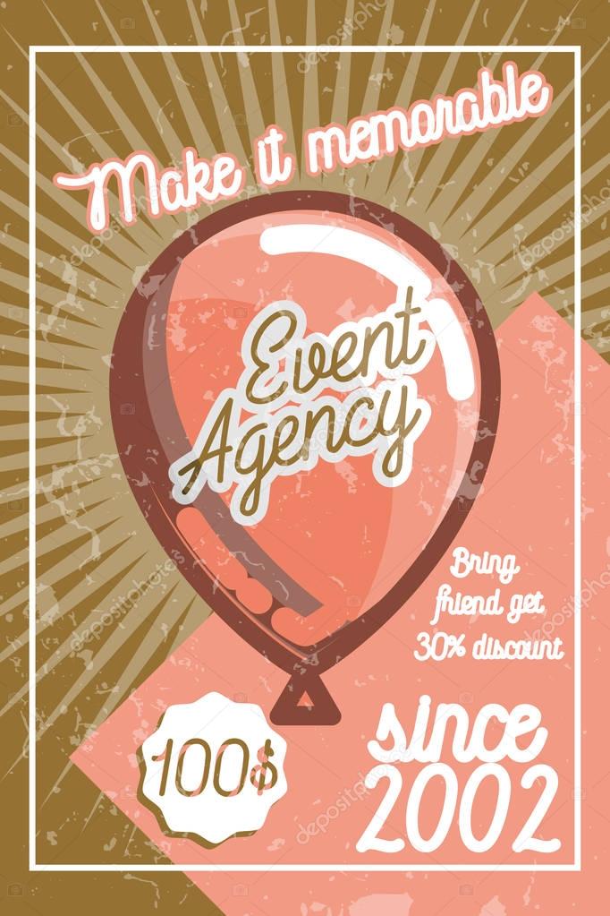 Color vintage agency banner of events and special occasions organization, catering service agency, marketing agency.