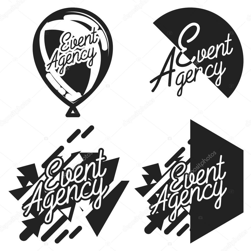 Vintage agency emblems of events and special occasions organization, catering service agency, marketing agency. Flat design graphic event marketing concept, elements.