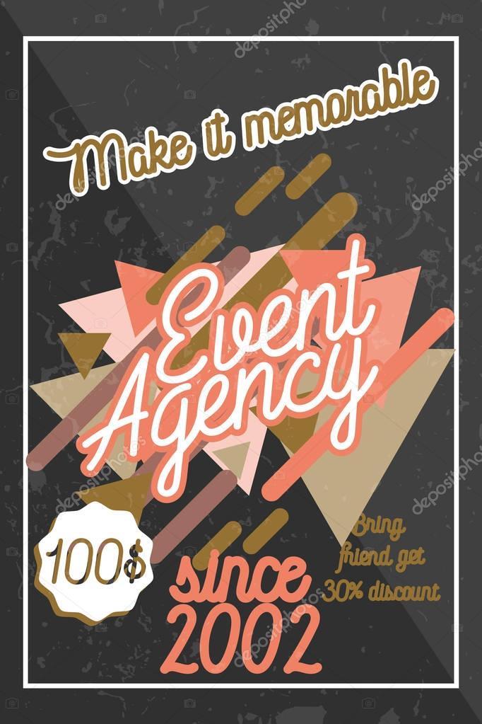 Color vintage agency banner of events and special occasions organization, catering service agency, marketing agency.